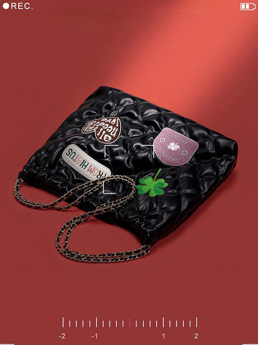 Quilted Drawstring Shoulder Black Diamond Bag With Clover And Letter Embroidery Chic