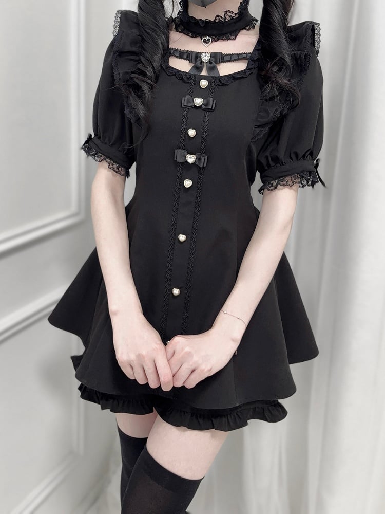 - Flutter Sleeves Self-tie Bow Back Mini Dress + Shorts Black + Set Jirai Kei Choker