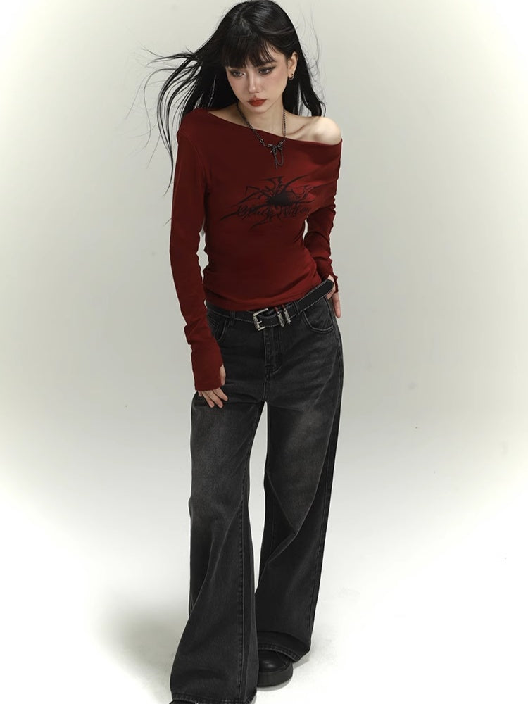 Dark Grey Faded Wash Distressed Vintage Wide-Leg Jeans