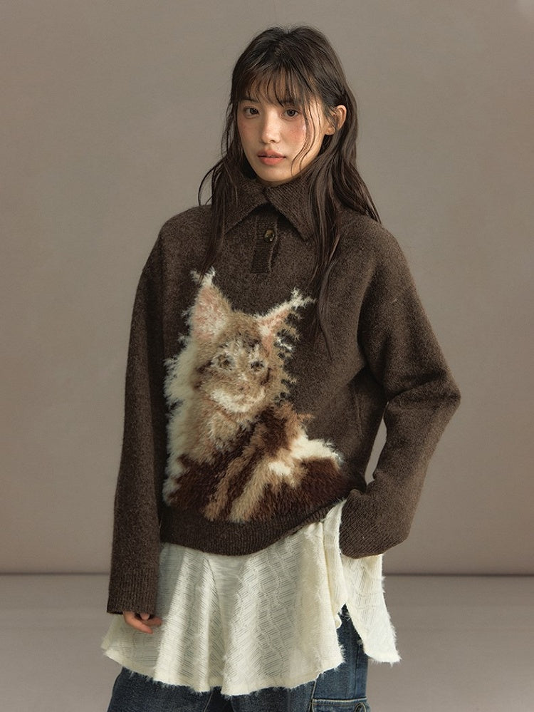 Beige/Brown Cozy Loose-Fit Pullover Sweater with Cat Design and Convertible Collar