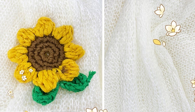 Sleeves Detail Knitted Bowknot Sunflower White Cardigan Flounce
