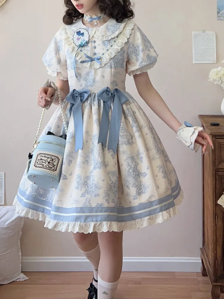 Kragen Lolita Kleid Pan Trauben Kurze Ärmel Blau Peter Print