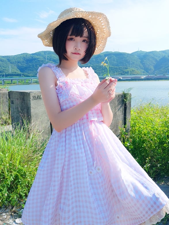 Pink Cottagecore Gingham Sundress Daisy Lace Trim Plaid Lolita Jumper Skirt