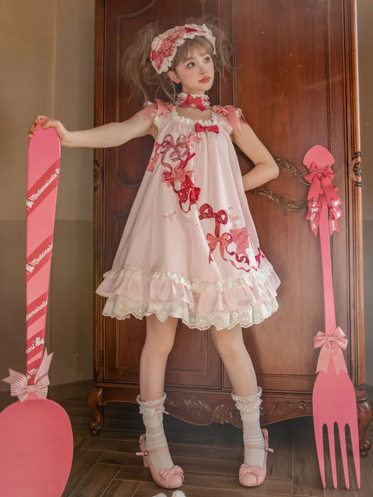 Eyelet Scalloped Sweet Pink Trimming Print Bow Dress and Lolita Bunny