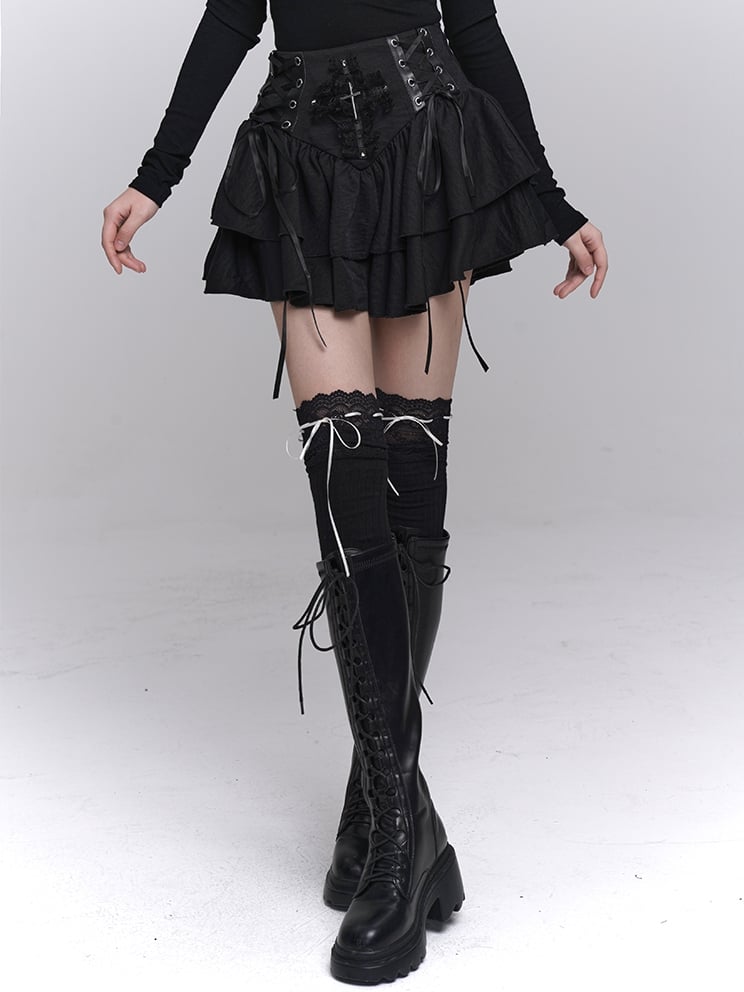 Lace Tiered Skirt Cross Black Lace-up Waist Studded
