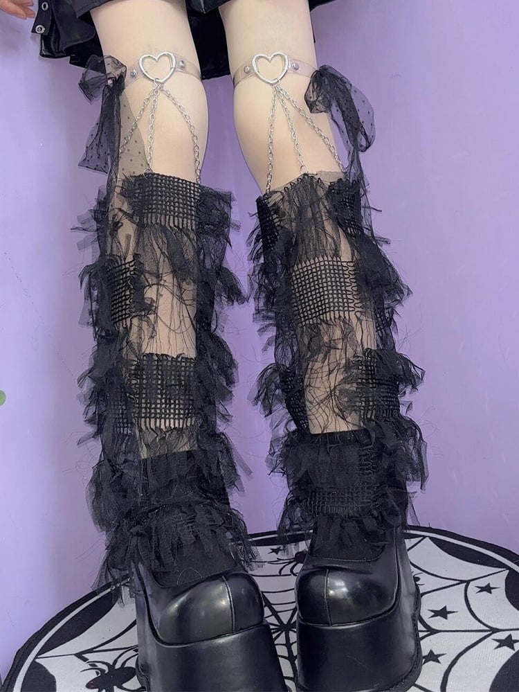 Garters Strap Self-tie Heart Sleeves Y2K With White/Black Tassels Leg Decorated