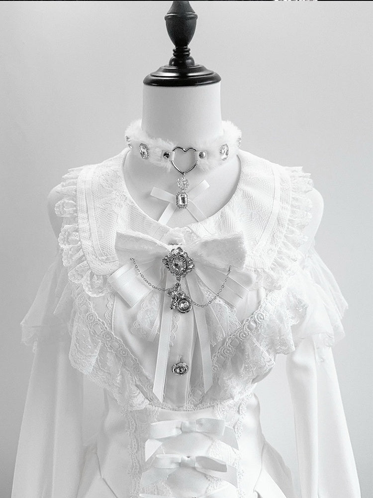 Rhinestone with Glimmering White Plush Bowknot Pendant Embellished Choker