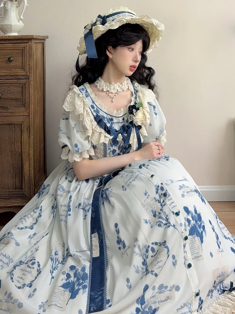 Poetry Print Blue and Sizes Classic Sash Dress Plus with Available Self-tie Elegant Mulberry Lolita