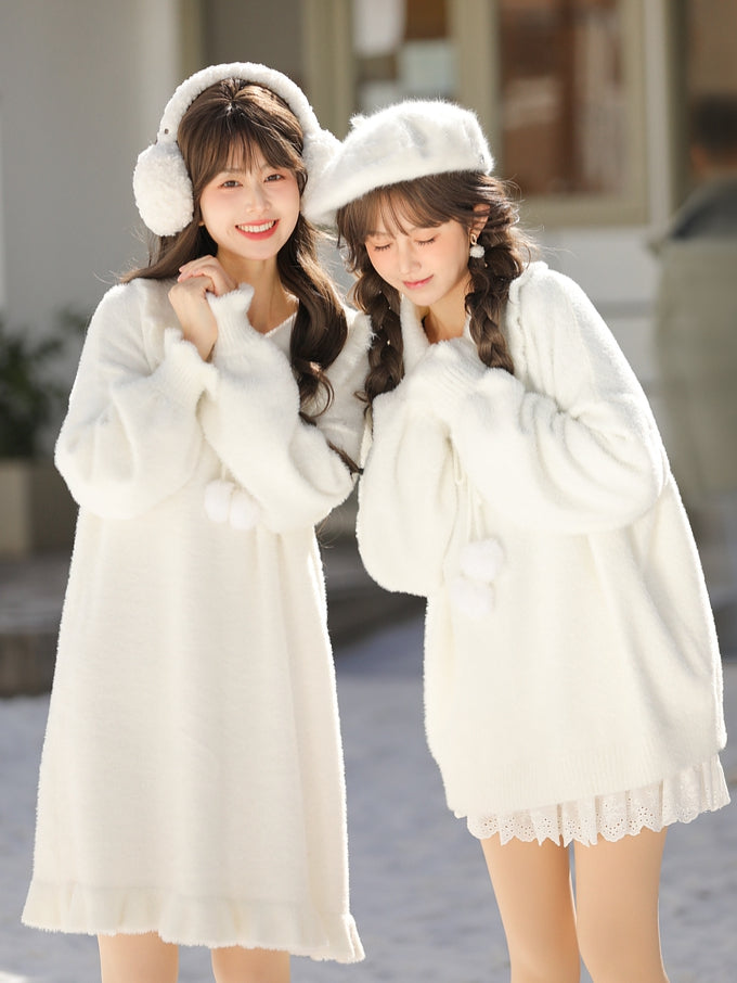 Pompons Decorated Pullover White Sweater
