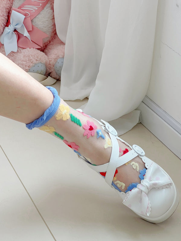 Floral Calf Semi-sheer Socks Pattern Pink/Blue/Beige