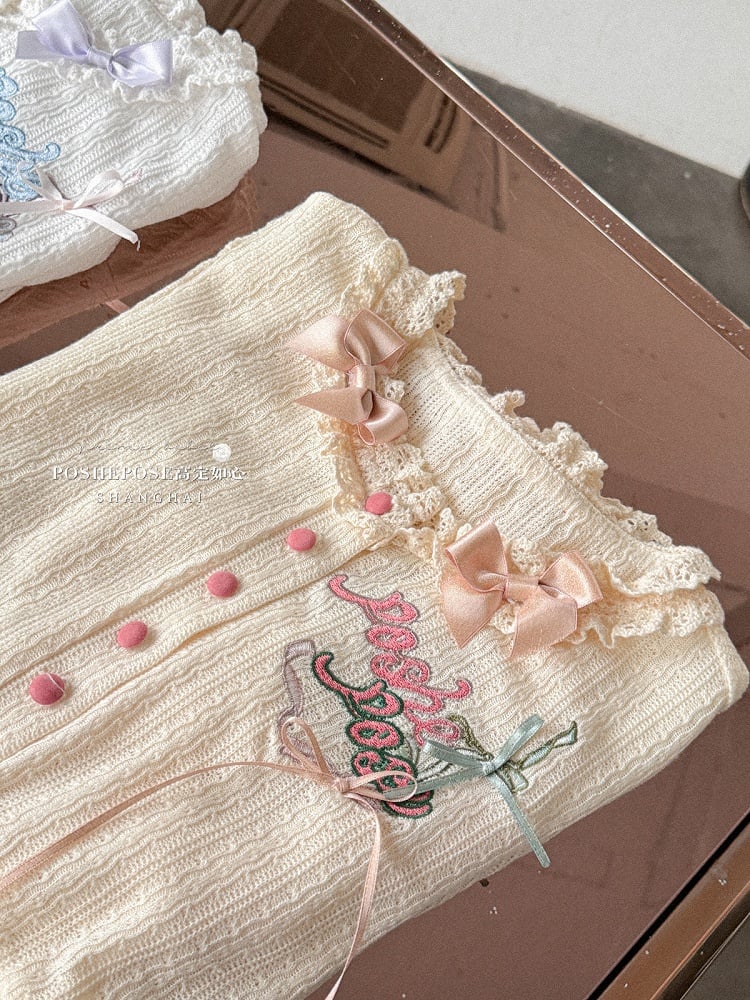Creamy Embroidery Detail Long Sleeves Knitted Top