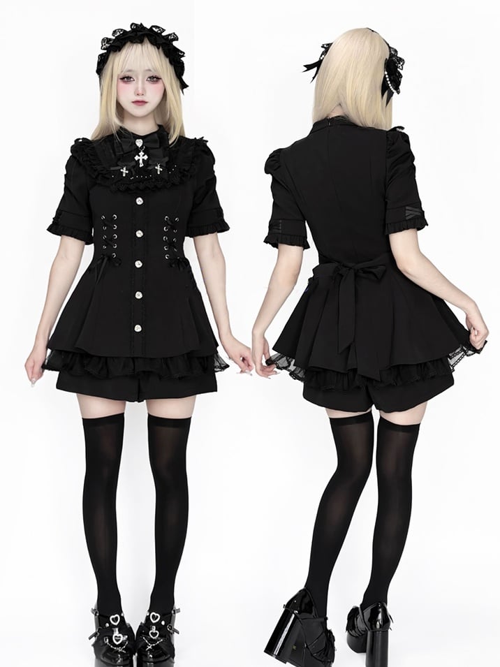 Kei Jirai All-Black Dress Tie Bow Sleeve Short Bib with Detachable Set