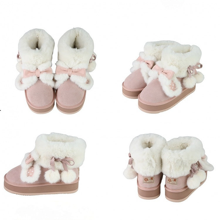Sweet Winter Polka Boots - Platform Ears Rabbit Plush Lolita Pink Dot