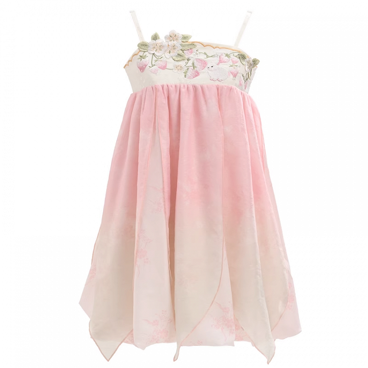 Ombre Style Spaghetti Strap Dress Empire Pink Waist Strawberry Embroidery Cheongsam