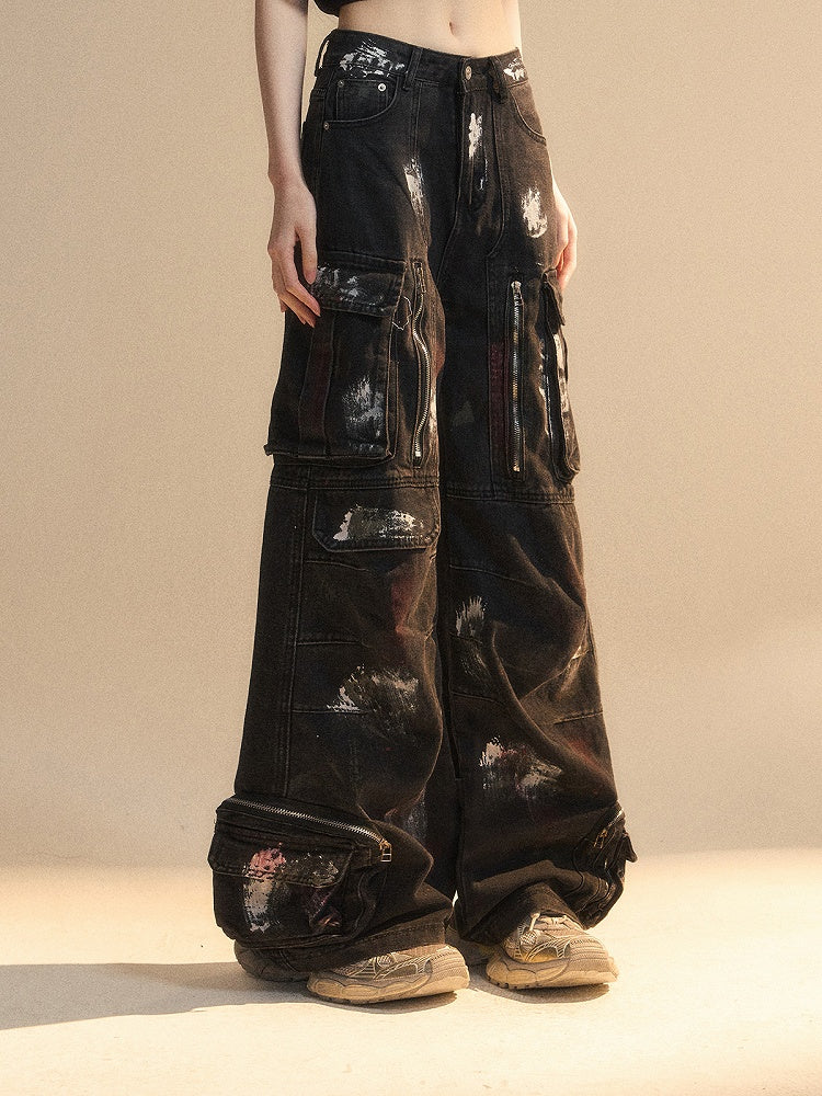 Zipper Details Spray Black Pockets Cargo Print Distressed Paint Wide-Leg Jeans