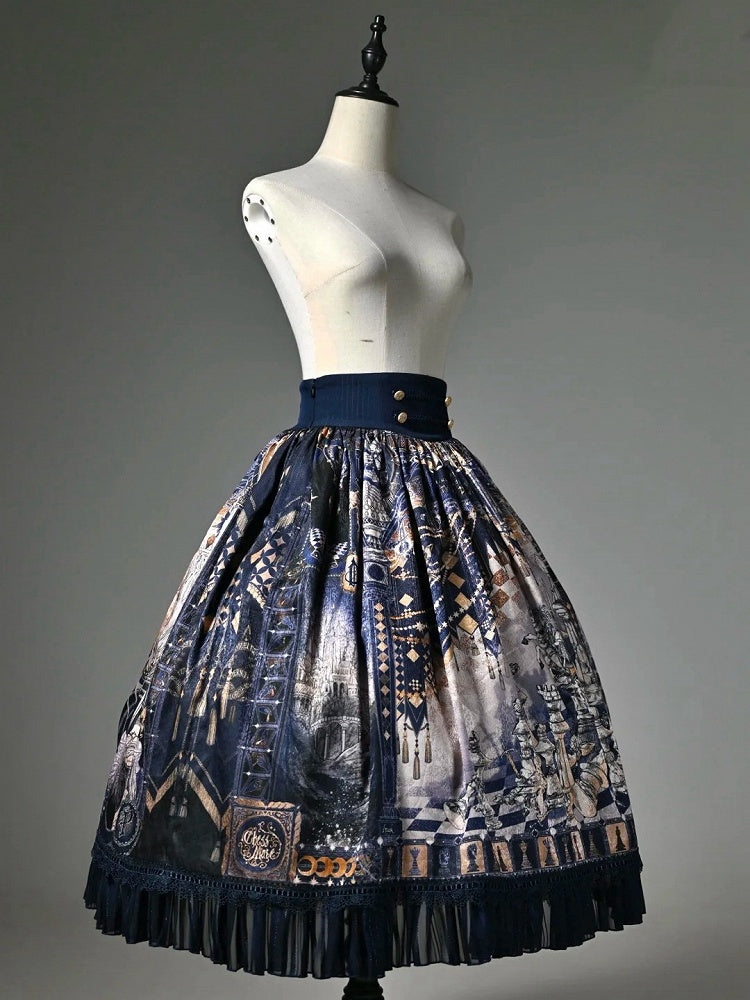 Chess Theme Blue Belt Waist Skirt Corset Print Dark Lolita
