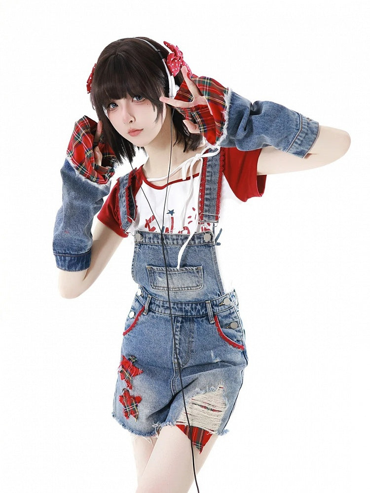 Distressed Denim Shorts Raw with Overall Appliques Blue Star Hem Holes Armwears Plaid Free