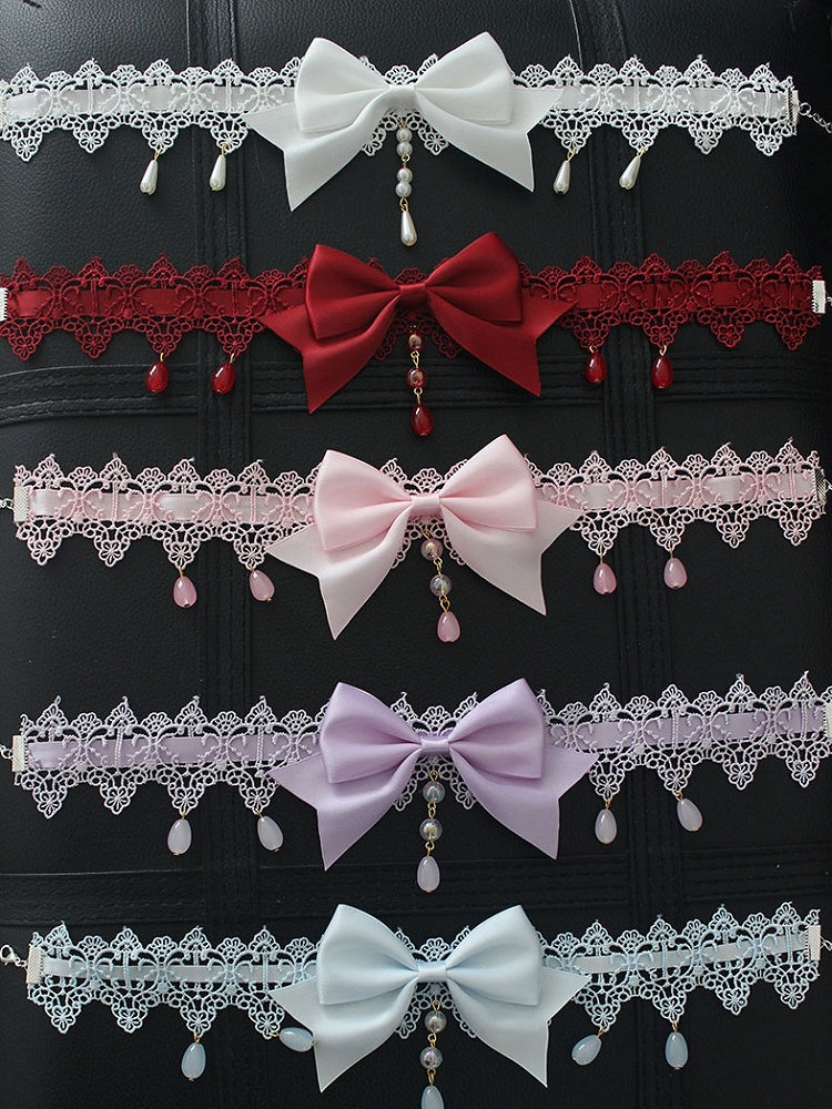 Beaded Pendant Bowknot Details Lace Choker