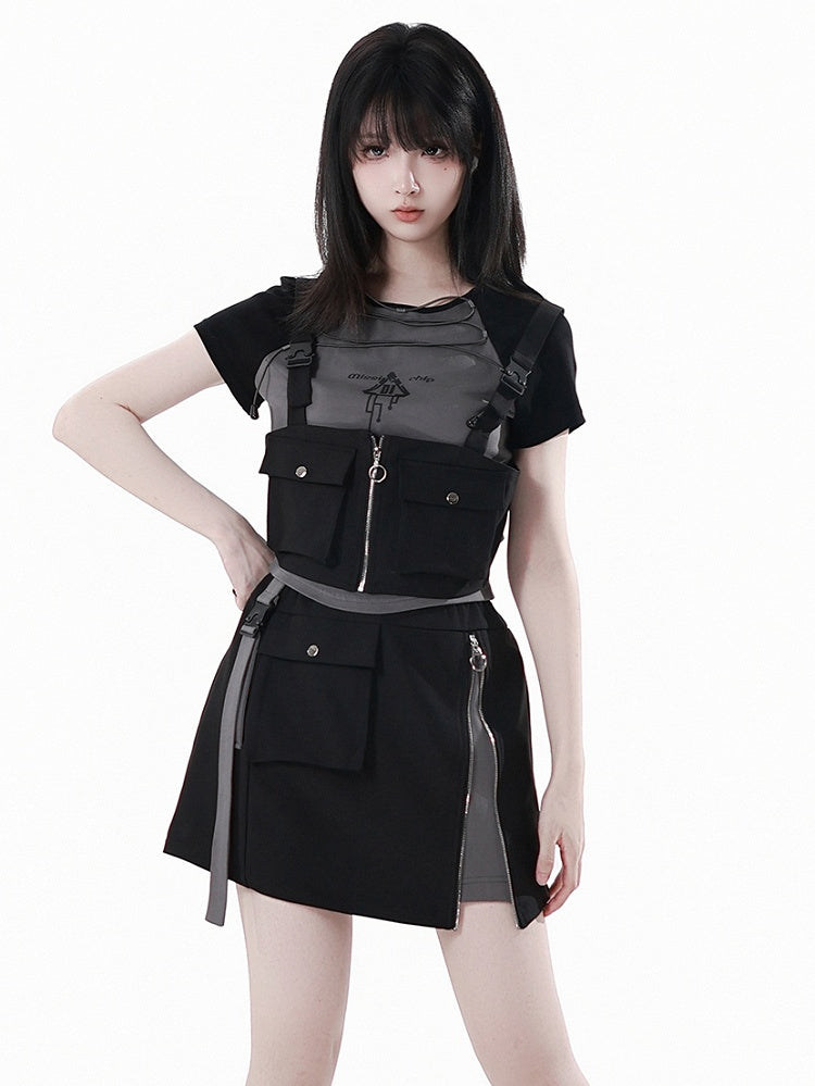 Graues Colorblock-Design und schwarzes Techwear-T-Shirt mit Schnürung vorne
