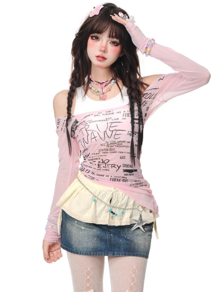 Black/Pink Top Graffiti Fake Two-pieces Halter Neck