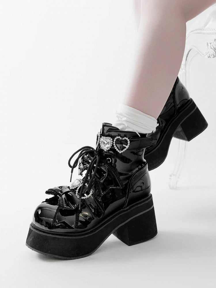 Plateau Stiefeletten Schnallen Jirai Kei Poliert und Schwarz Strass Sweetheart mit