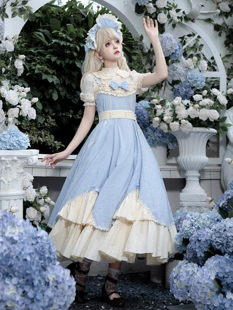 Tea Set and Trims Ruffle Beige Dress Elegant Full Flounce Length Lolita Blue Hem JSK