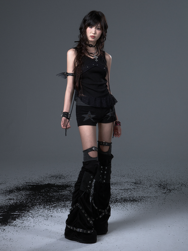 Lace-Up Black Leg Belts Warmers Punk with Studded Metal Knit