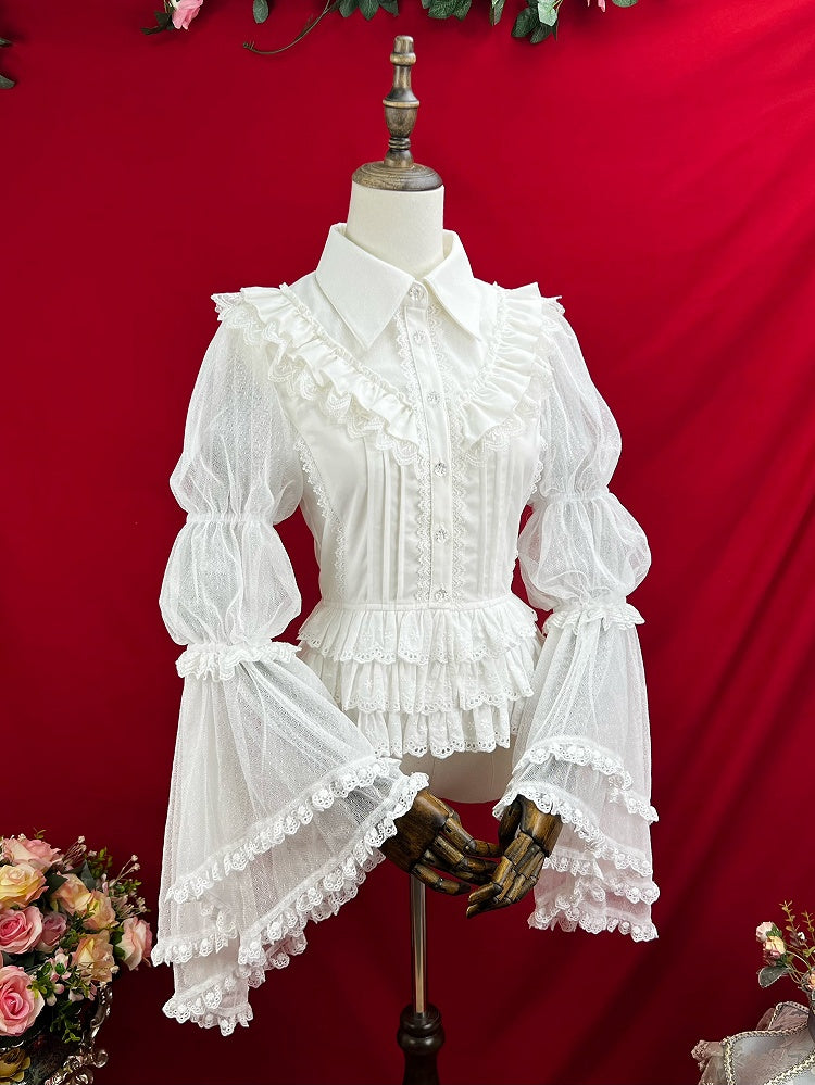 White Bell Sleeves Tiered Scalloped Eyelet Trim Hemline Blouse with Lace Jabot Tie