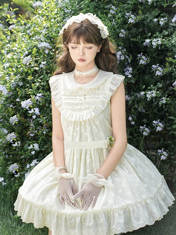 Butterfly Lolita Peter OP Lace Creamy Set Full Patched Pan Dress Collar