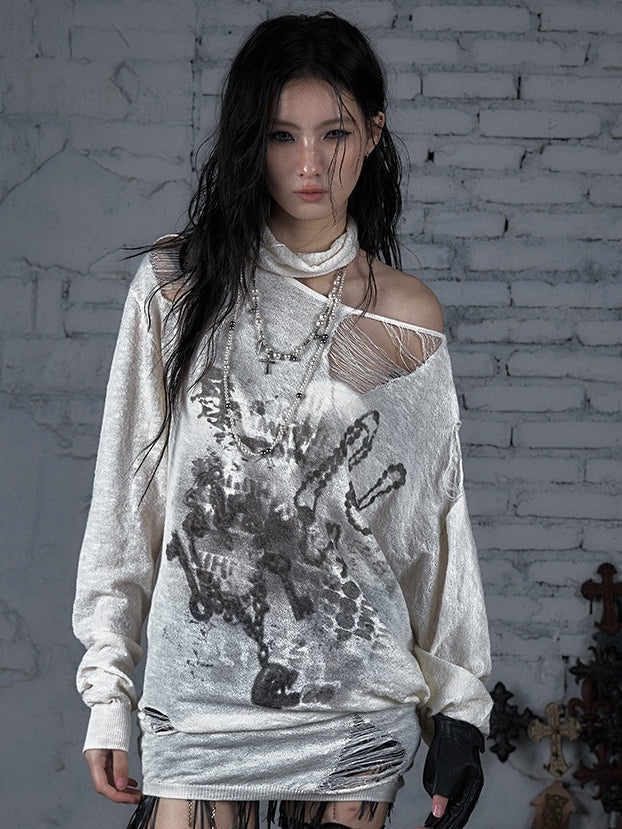 Distressed Beige/Khaki Top Neckline Punk Asymmetrical Sun Protection Wasteland Holes