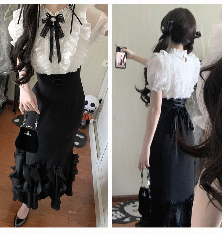Lolita White Pieces Black Elegant Two Design Mermaid and Dress Waist Skirt Boned Fake Blouse