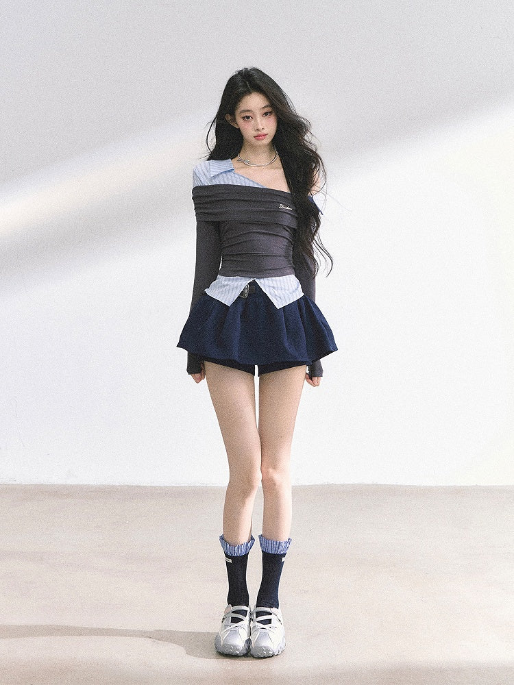 Two-pieces Gray and Blue Stripes Asymmetrical Neckline Faux Top