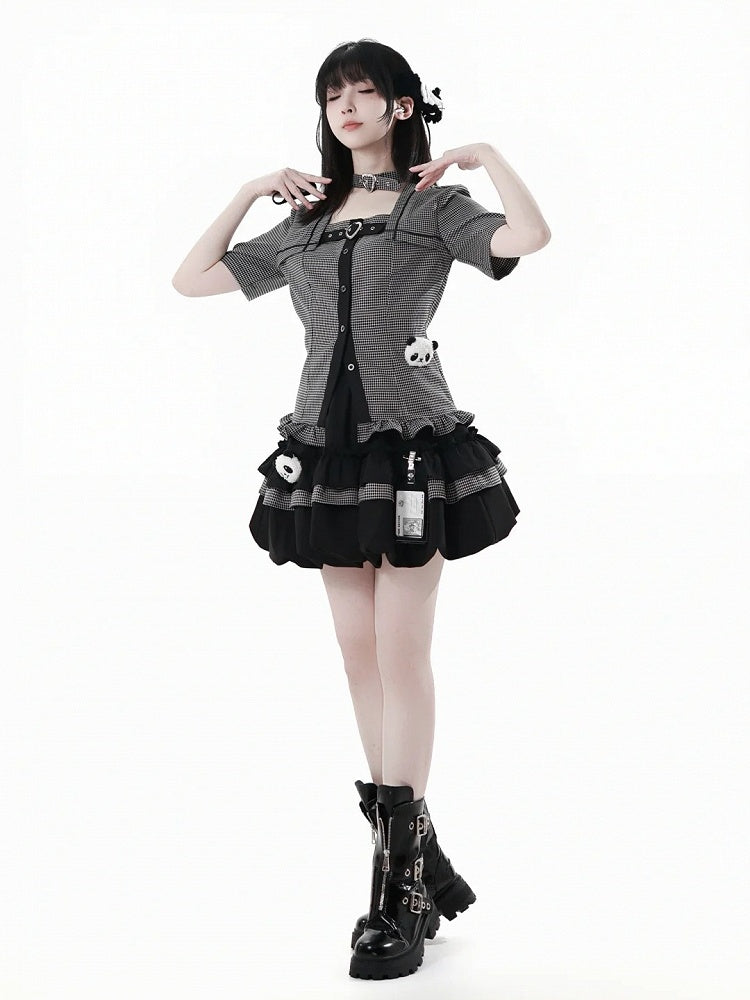 Choker Design Ruffled Hem Plaid Blouse Black Criss-cross All-in-one and
