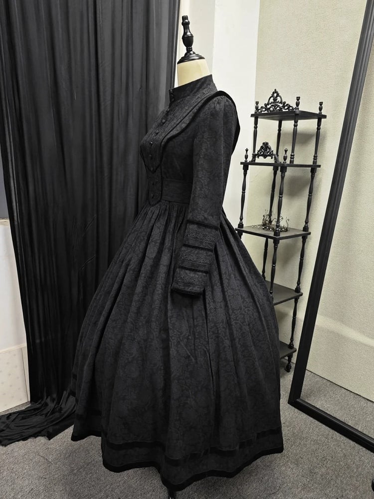 黒のエレガントなエドワード朝風メイドロリータ長袖ドレス