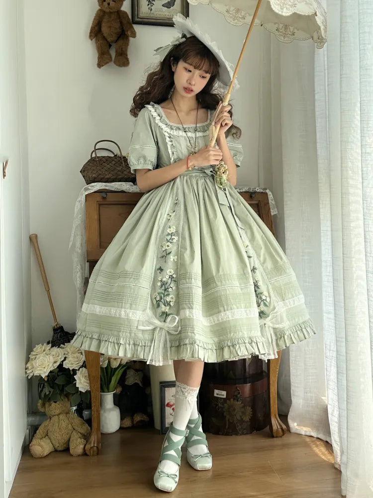 Jasmine Stickerei Baumwolle Ausschnitt Lolita Kleid Helles Quadrat Grün