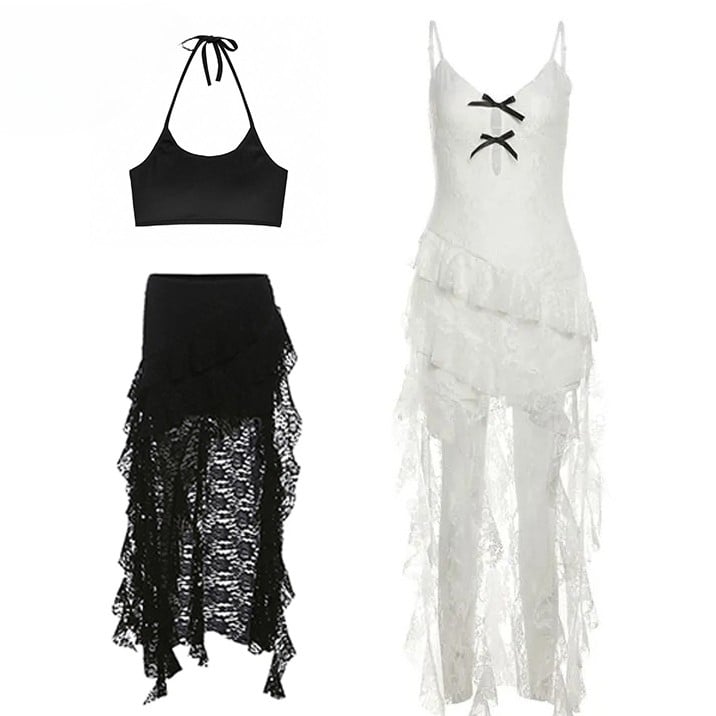 Dress Black Neck Lace + Halter Bittersweet Hem Cami Top White Skirt Asymmetrical