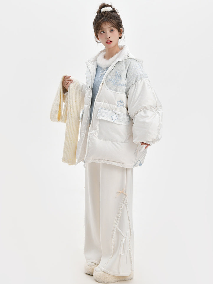 Alice in Wonderland Alice Tweed Patchwork White Hooded Down Jacket