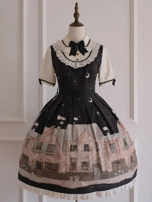 Bakery Black Dress Short and Sleeves Lolita Night Print Starry