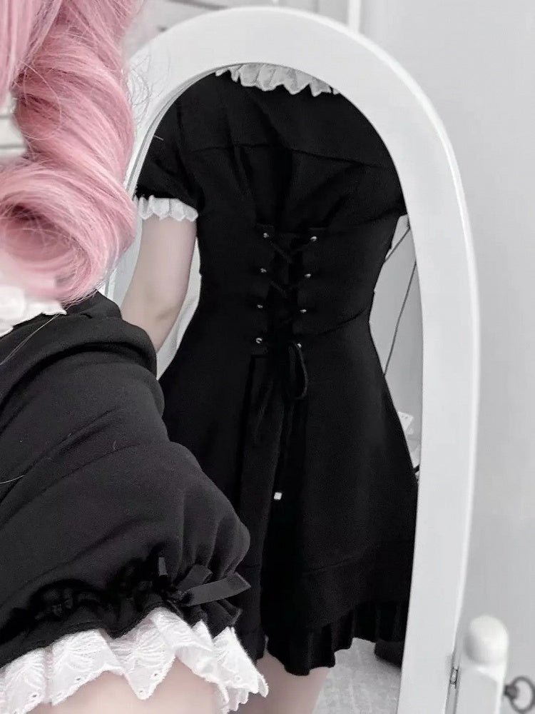 Tie Jirai Kei Set- Wrist + Black Available Lace Trim Dress + Cuffs Size Plus Shorts