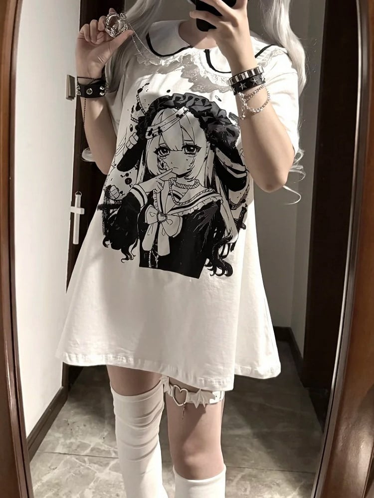 Pan Jirai Kei T-Shirt Weiß Anime Girl Print Peter Collar
