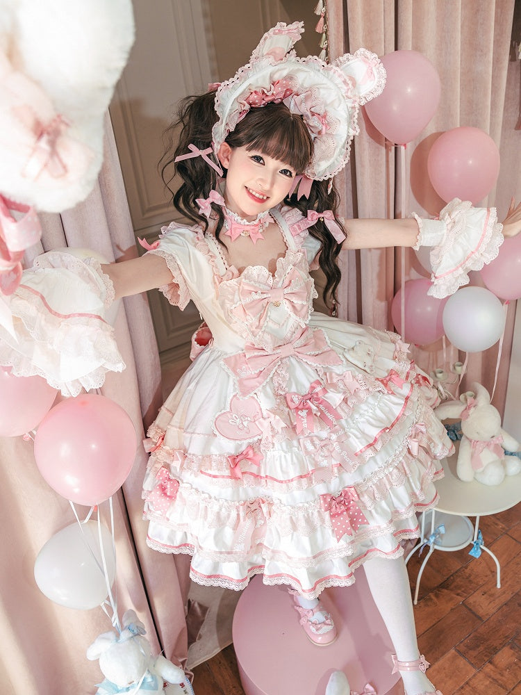 Ruffle One Piece Pink White Sweet Princess and Bow Dress Theme Lolita Bunny Accents