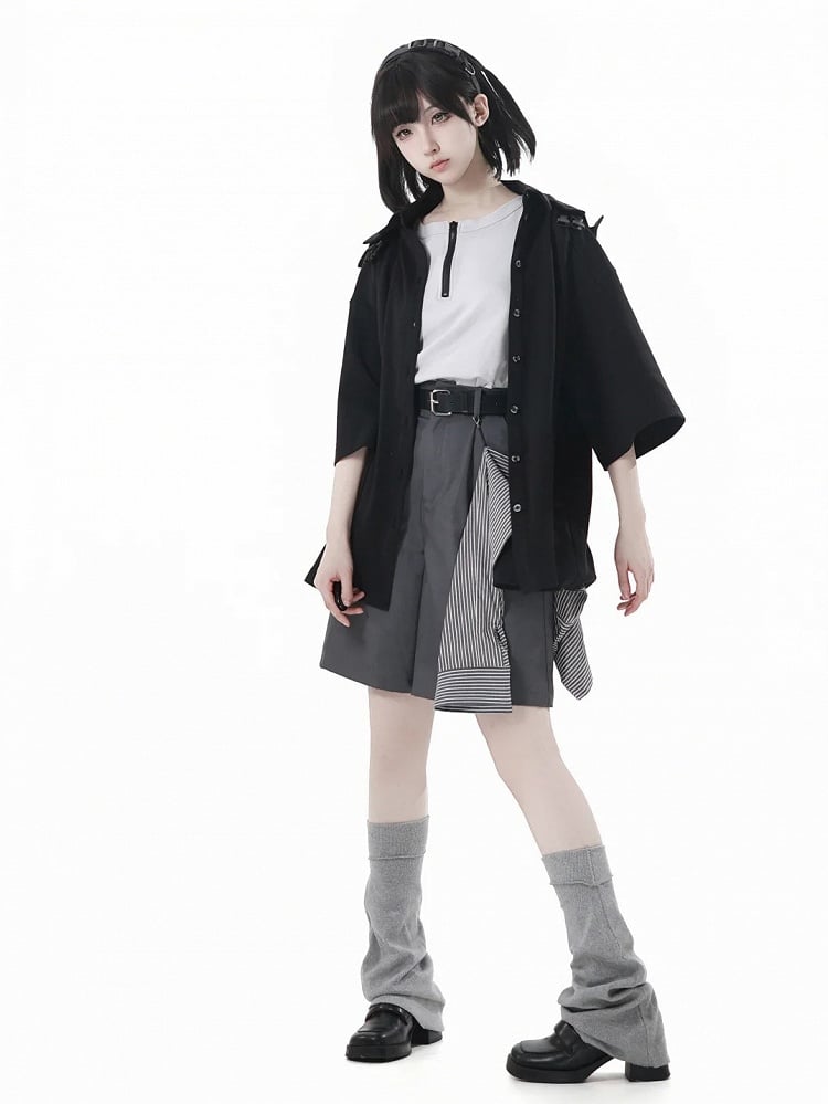 and Accessory Buckle Belt Shorts with Striped Gray Casual