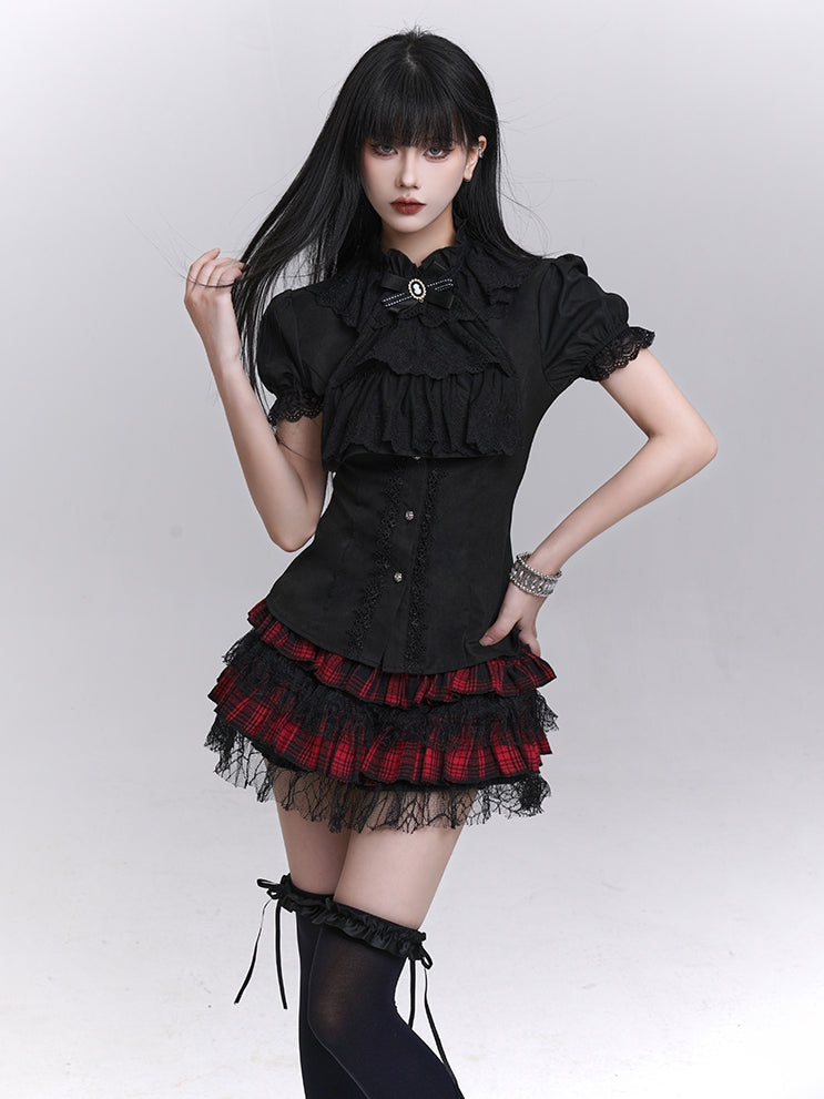Tie Black Puff Sleeves Vintage Gothic Blouse with Detachable Jabot