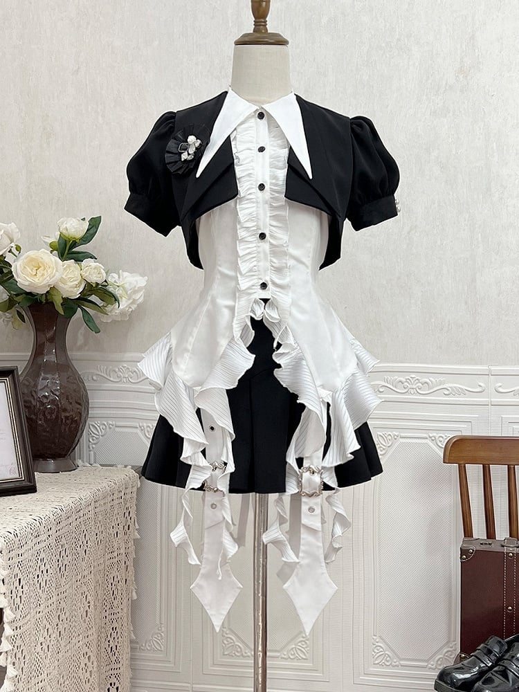 Cropped and Gothic Shirt Sleeveless White Lolita Set Black Full - Top Skirt +