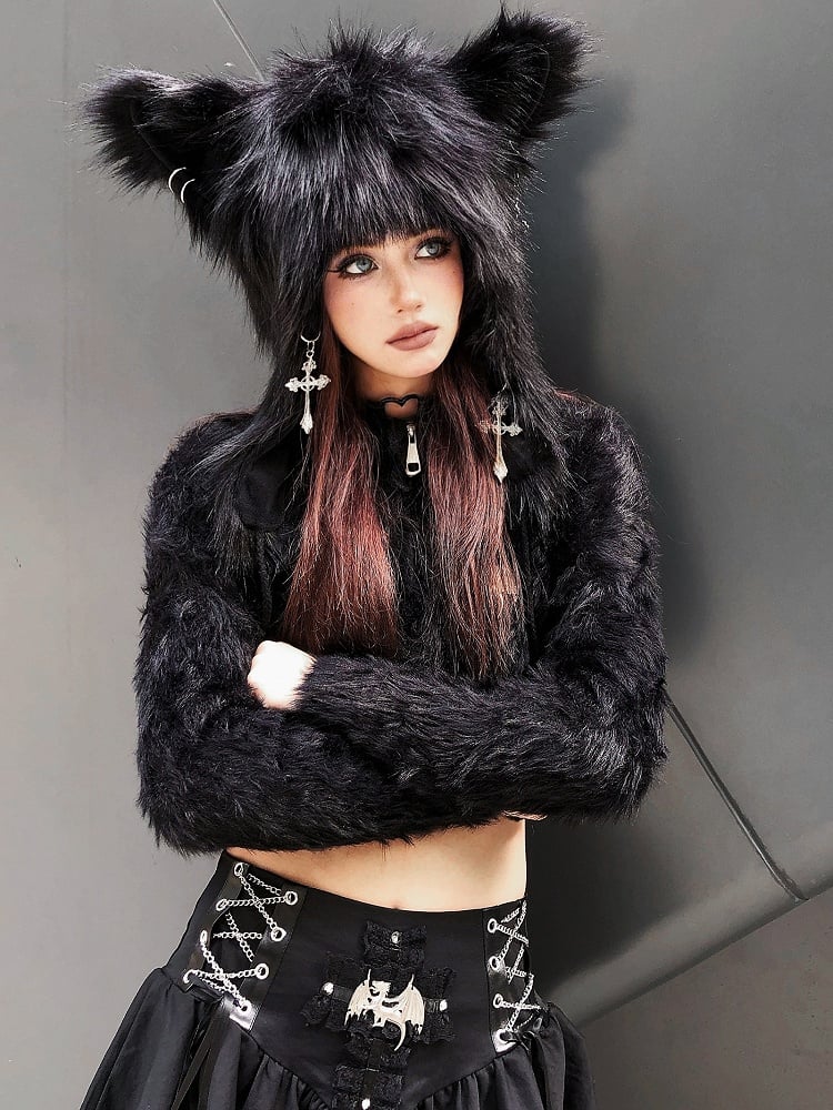 Punk-Plüschmütze mit schwarzen Tierohren und flauschigen Pompons