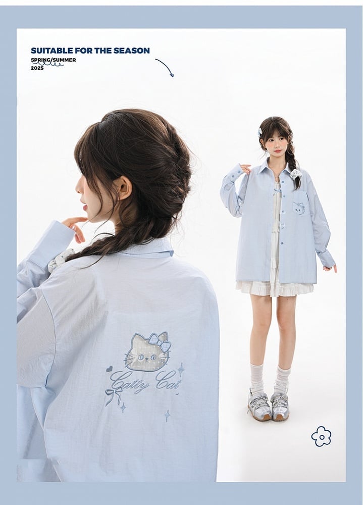 Back Shirt Kitty Embroidery on Pocket Kitty-shaped Detail Blue/Pink Loose Cutout