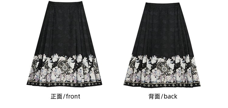Schwarzer plissierter Midirock im Cheongsam-Stil mit Mondhasen-Motiv