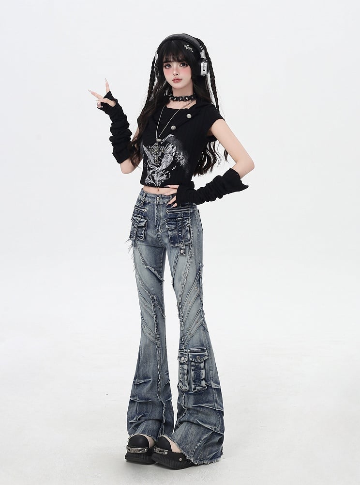 Blue Low Rise Raw Hem Faded Wash Flared Cargo Jeans Y2K