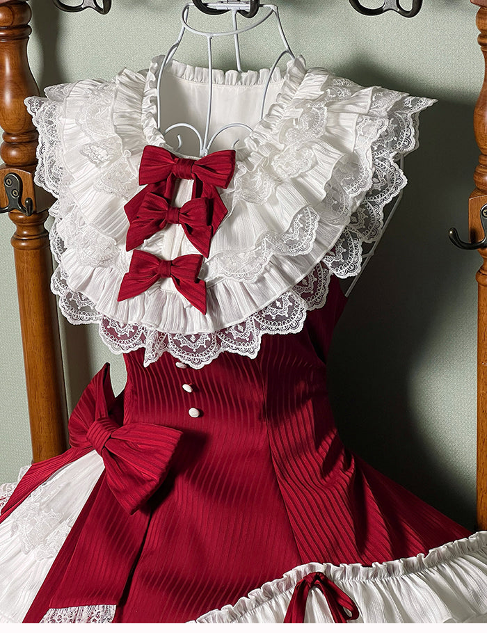 Slim Waist Dress Neck Sleeveless Lolita Ruffle Layered Sweet Fit Striped Fabric Red
