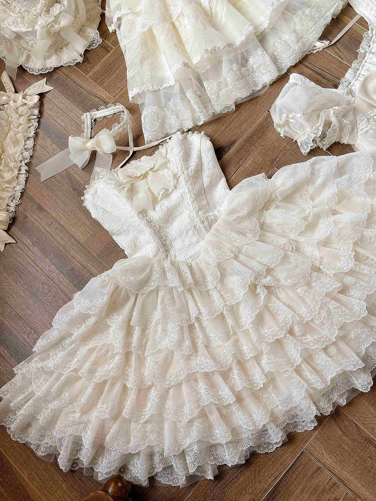 Creamy Scallop Lolita White Skirt Trim Embroidered Princess Dress Tiered